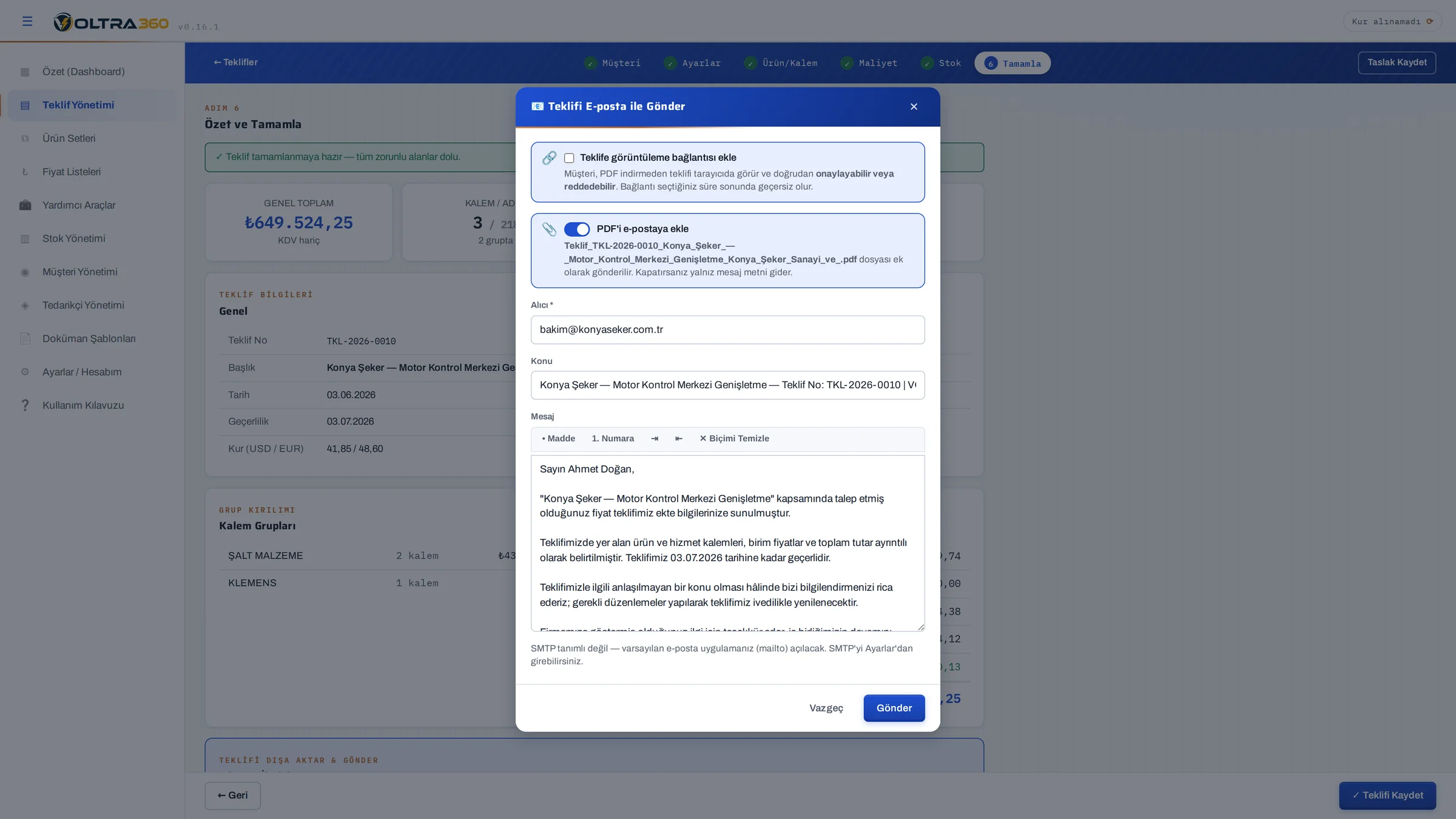 Teklif e-posta gönderme penceresi: alıcı, konu, mesaj metni ve PDF eki